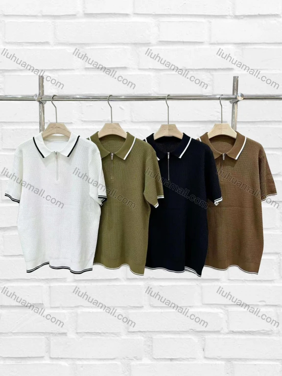 Wholesale Men's Casual Plain Quarter Zip Striped Trim Short Sleeve Henley Shirt C72107#