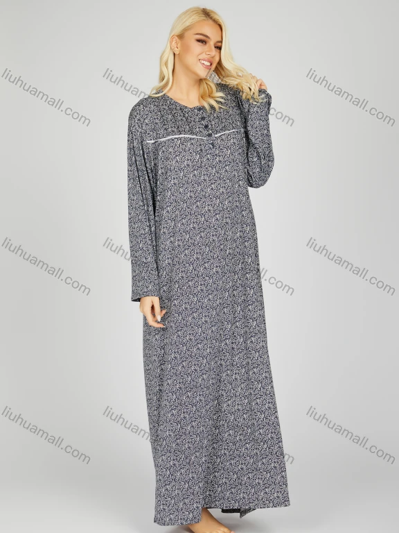 Wholesale Women's Comfy Milk Silk Ditsy Floral Crew Neck Button Front Lounge Long Sleeve Maxi Night Dress 1002#