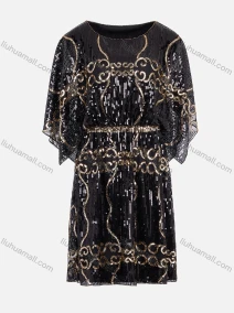 Wholesale Women's Fashion Round Neck Butterfly Sleeve Mesh Sequin Cocktail Dress 99029#, LIUHUA CLOTHING WHOLESALE