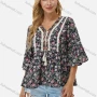 Wholesale Women's V Neck Flare Sleeve Lace Tassel Bow Floral Boho Blouse F2214D# preview