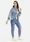 Wholesale Women's Casual Floral Fitted Ripped Button Front Crop Denim Jacket & Skinny Long Jeans Set - Liuhuamall