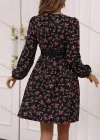 Wholesale Women's Casual Floral Print V Neck Lace Trim Long Sleeve Short Dress - Liuhuamall