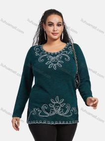 Wholesale Women's Elegant Round Neck Long Sleeve Floral Embroidery Slit Hem Knit Top, LIUHUA CLOTHING WHOLESALE