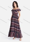 Wholesale Women's Casual Vintage Print Ruffle Trim Off Shoulder Ruffle Hem Maxi Dress - Liuhuamall