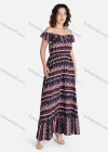 Wholesale Women's Casual Vintage Print Ruffle Trim Off Shoulder Ruffle Hem Maxi Dress - Liuhuamall