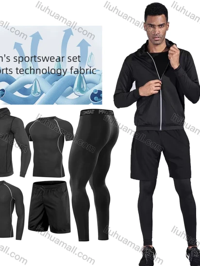 Wholesale Men's Sports Suit Fitness Outdoor Running Tight-Fitting & Training Quick Dry 5-Piece Set