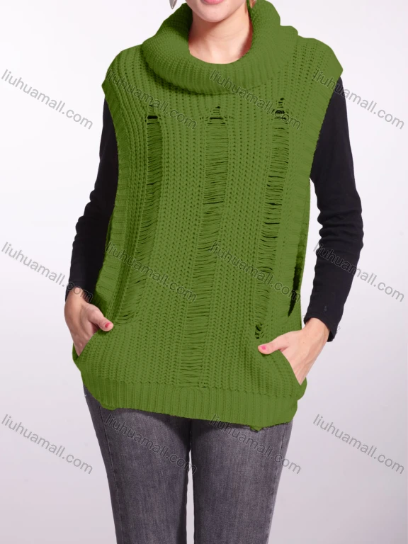 Wholesale Women's Plain Fringe Trim Turtleneck Knit Sweater