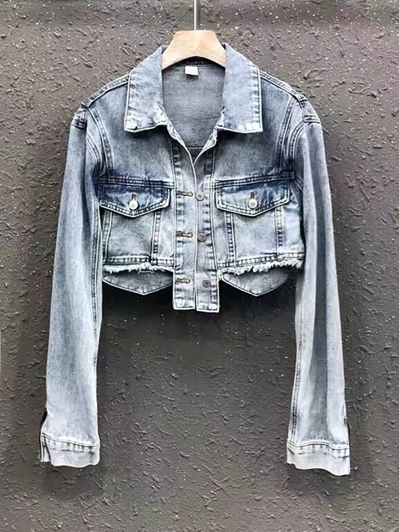 Women's Fashion Plain Flap Pockets Irregular Hem Button Down Distressed Crop Denim Jacket, Clothing Wholesale Market -LIUHUA, 