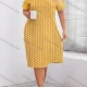 Wholesale Women's Milk Silk Pin Dot Print Splicing Short Sleeve Crew Neck Lounge Midi Nightdress DM1317# Yellow Clothing Wholesale Market Liuhua