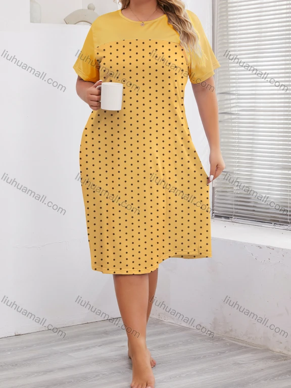 Wholesale Women's Milk Silk Pin Dot Print Splicing Short Sleeve Crew Neck Lounge Midi Nightdress DM1317#