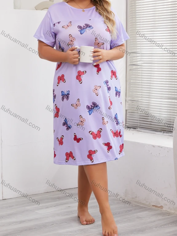 Wholesale Women's Milk Silk Butterfly Print Short Sleeve Crew Neck Lounge Midi Nightdress DM1317-01#