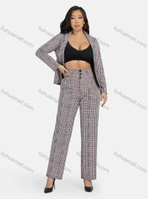 Wholesale Women's Business Plaid Collared Blazer & Trouser 2-Piece Suit Set 9233-2#, LIUHUA CLOTHING WHOLESALE