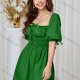 Wholesale Women's Sexy Square Neck Puff Sleeve Open Back Lace Up Ruched Plain Short Dress AY182# 49# Clothing Wholesale Market Liuhua