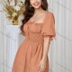 Wholesale Women's Sexy Square Neck Puff Sleeve Open Back Lace Up Ruched Plain Short Dress AY182# 79# Clothing Wholesale Market Liuhua