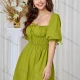 Wholesale Women's Sexy Square Neck Puff Sleeve Open Back Lace Up Ruched Plain Short Dress AY182# 81# Clothing Wholesale Market Liuhua