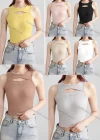Wholesale Women's Casual Plain Letter Hollow Out Crew Neck Crop Tank Top B405# - Liuhuamall
