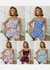 Wholesale Women's Allover Print Ruffle Trim Crop Cami Top & High Waist Allover Print Shorts 2 Piece Pajamas Lounge Set 65001# - Liuhuamall