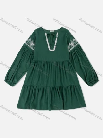 Wholesale Women's Casual Embroidery Floral Print Crew Neck Ruffle Hem Ruched Splicing Lace Trim Tie Front Dress A1309-2#, LIUHUA CLOTHING WHOLESALE