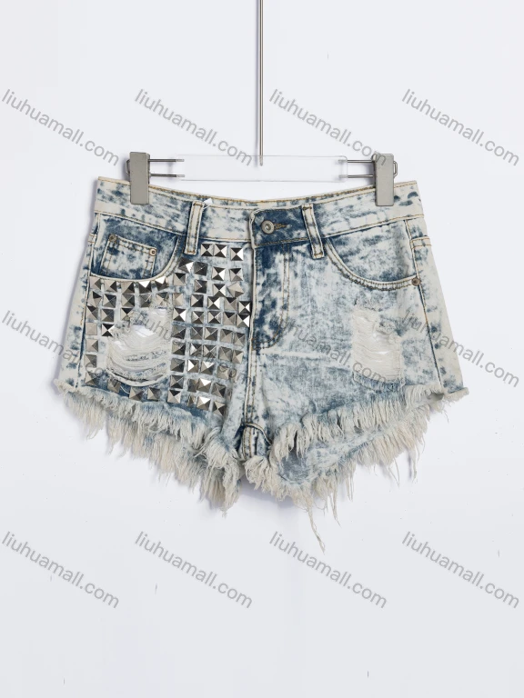 Wholesale Women's Casual Studded Ripped Frayed Hem Denim Shorts #JQ02