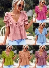 Wholesale Women's Deep V Neck Puff Sleeve Lace Up Ruffle Trim Plain Blouse AY085# - Liuhuamall