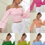 Wholesale Women's Off Shoulder Bishop Sleeve Ruffle Trim Shirred Plain Crop Blouse AY089# preview