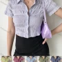 Wholesale Women's Collared Short Sleeve Button Down Shirred Casual Crop Shirt AY124# preview