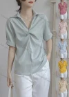 Wholesale Women's Turn-down Collar Twist Short Sleeve Plain Casual Blouse AY128# - Liuhuamall