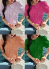 Wholesale Women's Peter Pan Collar Puff Sleeve Ruffle Trim Buttons Eyelet Embroidery Plain Blouse AY139# - Liuhuamall