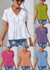 Wholesale Women's V Neck Short Sleeve Ruffle Trim Plain Casual Blouse AY141# - Liuhuamall