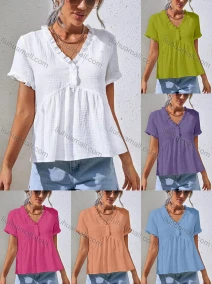 Wholesale Women's V Neck Short Sleeve Ruffle Trim Plain Casual Blouse AY141#, LIUHUA CLOTHING WHOLESALE