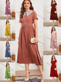 Wholesale Women's Peter Pan Collar Short Sleeve Guipure Lace Buttons Front Ruffle Hem Midi Dress AY150#, LIUHUA CLOTHING WHOLESALE
