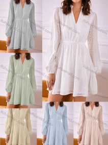 Wholesale Women's Notched Neck Lantern Sleeve Eyelet Lace Ruffle Trim Plain Short Dress AY154#, LIUHUA CLOTHING WHOLESALE