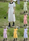 Wholesale Women's Peter Pan Collar Lantern Sleeve Buttons Ruffle Hem Midi Dress AY166# - Liuhuamall