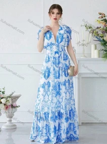 Wholesale Women's Floral Print V Neck High Waist Floor Length Cocktail Tank Dress, LIUHUA CLOTHING WHOLESALE