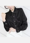 Wholesale Women's Casual Long Sleeve Collared Button Down Pearl Decor Pleated Plain Shirts 969138# - Liuhuamall