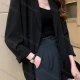 Wholesale Women's Casual Business Double Breasted Plain Loose Fit Mid Length Blazer 2053# Black Clothing Wholesale Market Liuhua