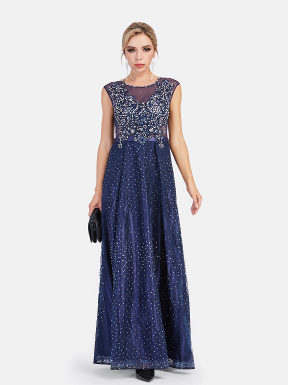 Women's Lace Neck Sleeveless Sheer Lace Rhinestone Embroidery Maxi Evening Dress, LIUHUA Clothing Online Wholesale Market, All Categories