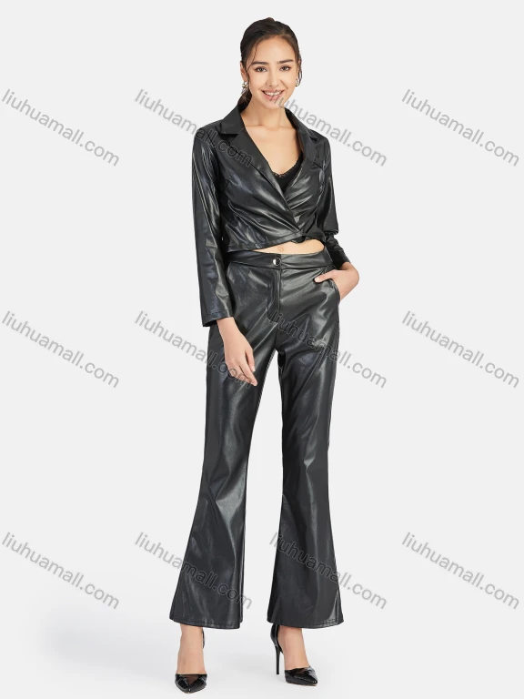 Wholesale Women's Casual Plain Wrap Leather Jacket & Flare Pant 2-Piece Set 9167-1#