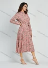 Wholesale Women's Casual Mock Neck Tie Front Floral Print Long Sleeve Midi Dress With Belt - Liuhuamall