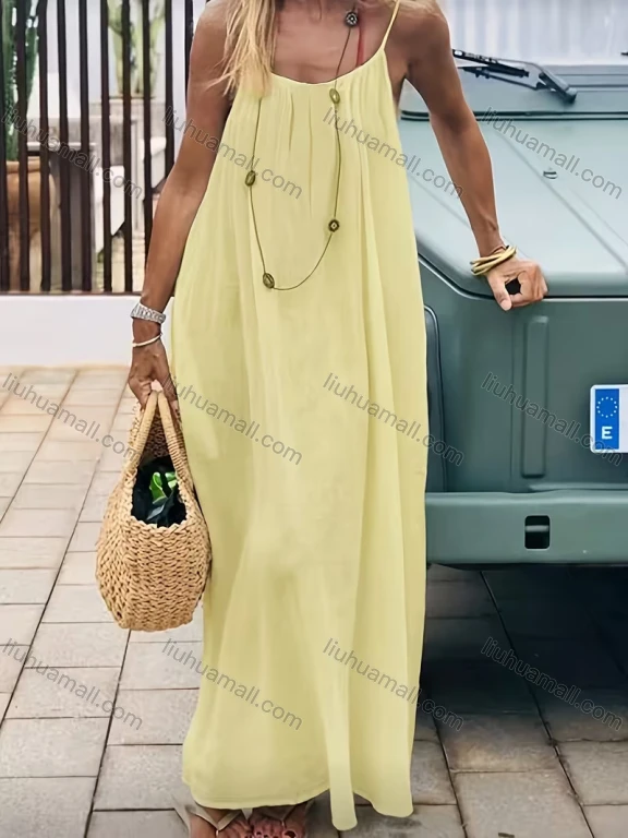 Wholesale 2026 New Ice Silk Wrinkle Solid Color Ruched Backless Cami Dress, Loose Casual Long Dress for Women, Summer Beach & Home