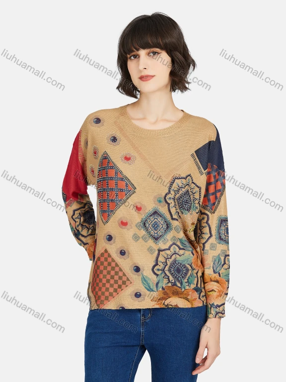 Wholesale Women's Vintage Round Neck Long Sleeve Sweater