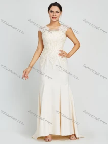 Wholesale Women's Glamorous Round Neck Lace Appliques Rhinestone Embroidery Floor Length Evening Dress, LIUHUA CLOTHING WHOLESALE