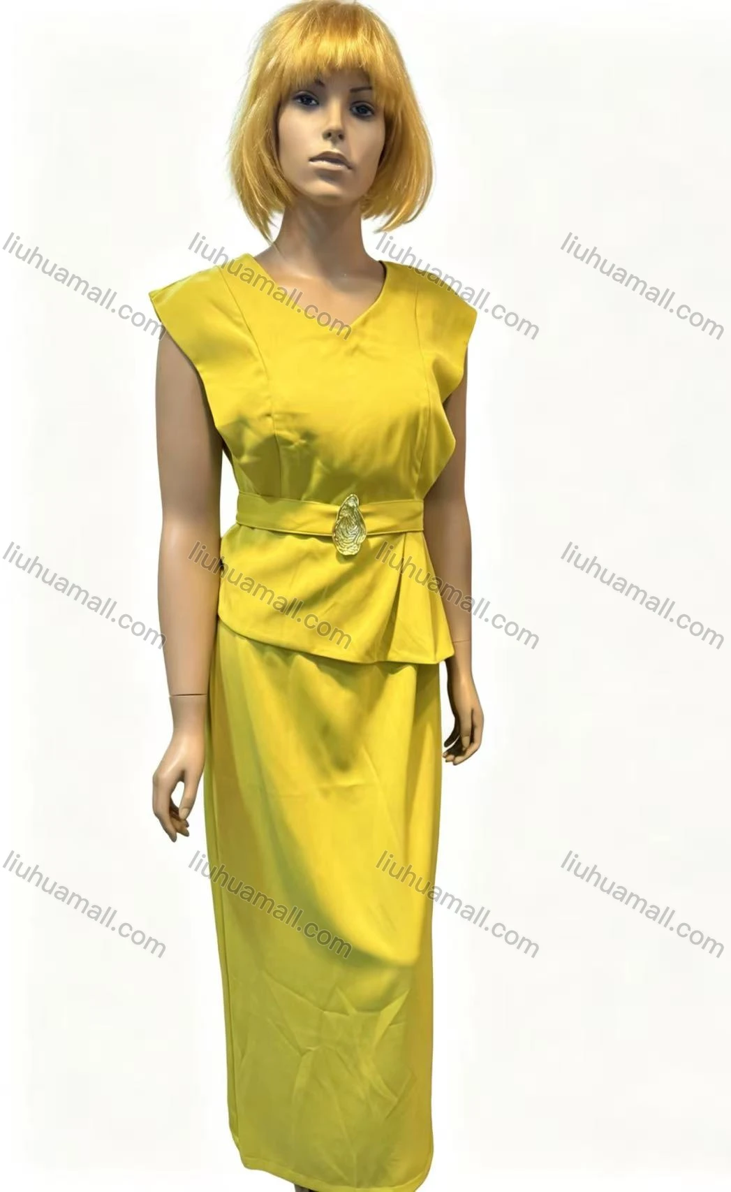 Wholesale Women's Faux Two-Piece Sleeveless Midi Dress with Belt & Slit