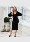 Wholesale Women's Fashion Plain Split Side Wrap Open Back Long Sleeve Knit Midi Dress With Belt - Liuhuamall