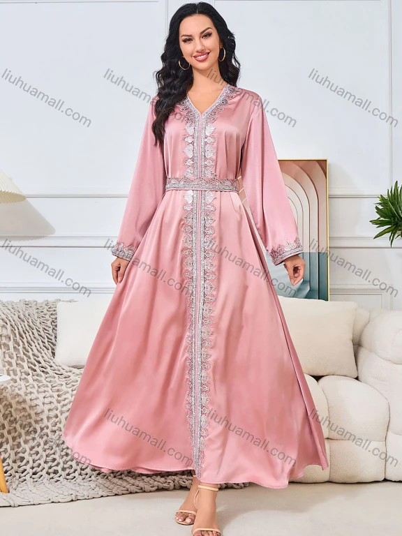 Wholesale Women's Elegant V Neck Plain Long Sleeve Rhinestone Guipure Lace Abaya Dress With Belt