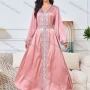 Wholesale Women's Elegant V Neck Plain Long Sleeve Rhinestone Guipure Lace Abaya Dress With Belt preview
