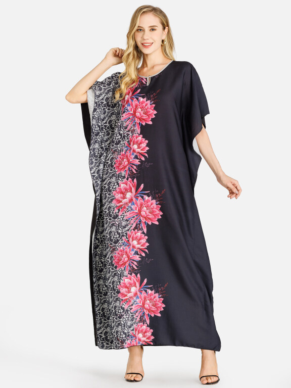 Women's Elegant Loose Fit Keyhole Neck Floral Print Splicing Kaftan Dress, Clothing Wholesale Market -LIUHUA, 