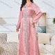 Wholesale Women's Elegant V Neck Plain Long Sleeve Rhinestone Guipure Lace Abaya Dress With Belt Pink Clothing Wholesale Market Liuhua