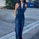 Wholesale Women's Fashion Plain Turn-down Collar Zipper Front Sleeveless Denim Jumpsuit Blue Clothing Wholesale Market Liuhua