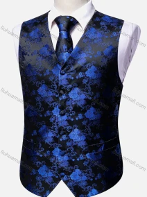 Wholesale Men's Vintage V Neck Allover Print Single Breasted Silky Waistcoat & Necktie 2-piece Set, LIUHUA CLOTHING WHOLESALE